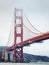 Golden gate bridge covered by fog at overcast sunrise