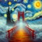 The golden gate bridge in fog, disappears into a swirling sea of Van Gogh's painting, air of mystery and intrigue