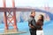 Golden gate bridge happy travel couple