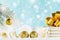 Golden gift or present box on magic bokeh background. Holiday composition for Christmas or New Year.