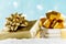 Golden gifts or presents boxes on magic bokeh background. Holiday composition for Christmas or New Year.