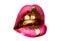 Golden glamorous tongue in sexy female mouth. Brilliant shiny golden teeth, pink lipstick and drop of tenderness. Luxury