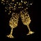 Golden glass with champagne. A black background.
