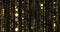 Golden glitter flowing particles threads with bokeh light sparks. Gold glitter falling curtain background with magic glowing
