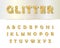 Golden glitter font on white. Modern decorative alphabet for festive design. Girly.