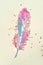 Golden glitter and glittering stars on abstract pink watercolor feather in vintage nostalgic colors.