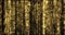 Golden glitter rain, gold particles threads curtain on black background. Luxury gold glitter light with bokeh sparks shimmer