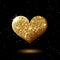 Golden glitter shining heart on black, abstract sparkling heart shape, festive valentines decor with gold lights, vector