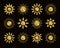 Golden glitter sun icons with different rays. Gold summer symbols with foil mosaic texture. Flat sunlight signs on dark background