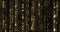 Golden glitter threads curtain, flowing light particles with bokeh sparks. Gold glitter rain falling flow background with magic
