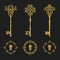 Golden glitter vintage keys and keyholes set. Vector illustration.