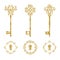 Golden glitter vintage keys and keyholes set. Vector illustration.