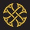 Golden glittering logo symbol in Celtic style on black background. Tribal symbol in cross form. Gold stamp for jewelry design