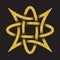 Golden glittering logo template in Celtic knots style on black background. Tribal symbol in four pointed star maze form.