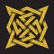 Golden glittering logo template in Celtic knots style on black background. Tribal symbol in four pointed star maze form