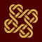 Golden glittering logo template in Celtic knots style on dark red background. Tribal symbol in cruciform with hearts maze form.