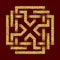 Golden glittering logo template in Celtic knots style on dark red background. Tribal symbol in cruciform maze form.