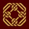 Golden glittering logo template in Celtic knots style on dark red background. Tribal symbol in cruciform rhombus maze form