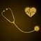 Golden glittering stethoscope and heart with pulse trace vector