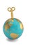 Golden globe and toy key isolated on white background 3D illustration