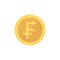 Golden glossy swiss franc coin. Gold pictograph franc shiny coin.