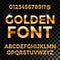 Golden glossy vector font or gold alphabet. Yellow metal typeface. Metallic golden abc, alphabet typographic luxury