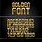 Golden glossy vector font or gold alphabet. Yellow metal typeface. Metallic golden abc, alphabet typographic luxury illustration.