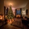 Golden Glow of Christmas Tree in Cozy Living Room with Fireplace