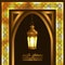 Golden glow geometrical pattern gate windows mosque with fanous lantern lamp for islamic event