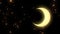 Golden glowing crescent and many stars on black background, night sky. Animation. Beautiful yellow half moon and many