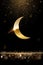 Golden glowing shiny new crescent moon on dark luxury background. Decorative arabesque object. Decoration for islamic