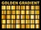 Golden gradients. Gold squares metal gloss gradient swatches, empty metallic yellow plate frame, label texture. Vector