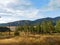 Golden grasses and sparse trees front the view of a large field between two mountain ranges in north Idaho.