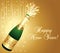 Golden greeting card 2021 Happy New Year with uncorked bottle of Champaign. Vector Illustration.