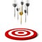 Golden and grey dart inmotion. Golden dart hitting the center of target. Sales and marketing concept. 3d illustration
