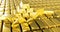 Golden growth chart arrow with infinite rows of Gold bars. Success or getting rich concepts, 3d render background