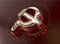 Golden hammer and sickle with fracturesglowing edges on high tech dark red background. News Id style background