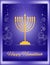 Golden Hanukkah chandelier hanukkiah with burning canelds on dark blue starry background