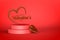Golden Happy Valentine`s Day inscription in a heart - three dimensional graphic on a red background with space for text