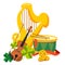 Golden harp, drum, violin.