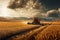 Golden Harvest: Farmer Collecting Wheat Crop in a Combine Harvester\\\