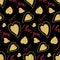 Golden heart on a black background seamless pattern, valentine`s day about love and being in love, shimmer sparkling illustration