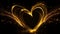 Golden heart made of fiery golden light energy and sparkles, on dark background. Abstract heart in black space. Generative AI