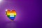 Golden heart with rainbow and equality symbol inside. Love is Love concept. Purple background, copy space. 3D rendering