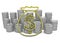 Golden hoard of money icon with coins on background