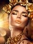 Golden holiday makeup. Fashion art hairstyle, manicure and makeup