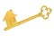 Golden home key with house silhouette, 3D rendering
