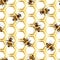 Golden honeycomb with honeybees on a white background.
