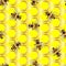 Golden honeycomb and honeybees on a yellow background.
