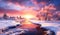 Golden Horizon: Snowy Trees Bathed in Sunset\\\'s Glow